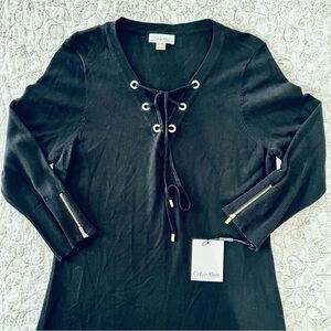 NWT Calvin Klein Black Knit Lace-Up Fitted Midi Dress Bodycon Goth Moto